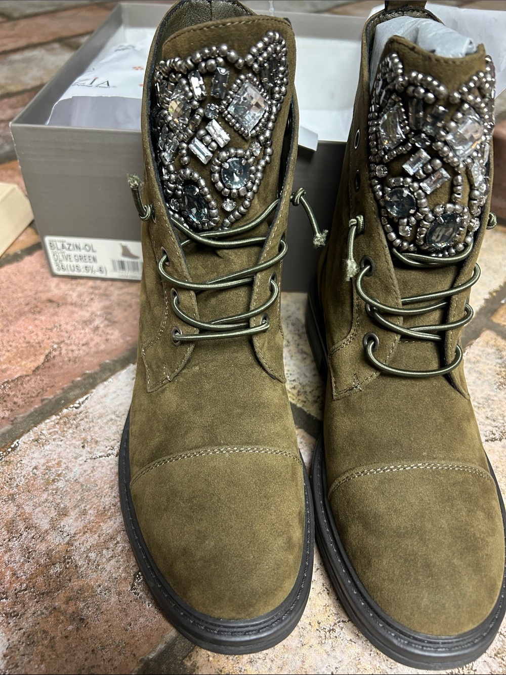 Spring Step Olive Green Suede Lace-Up Beaded Combat Boots
